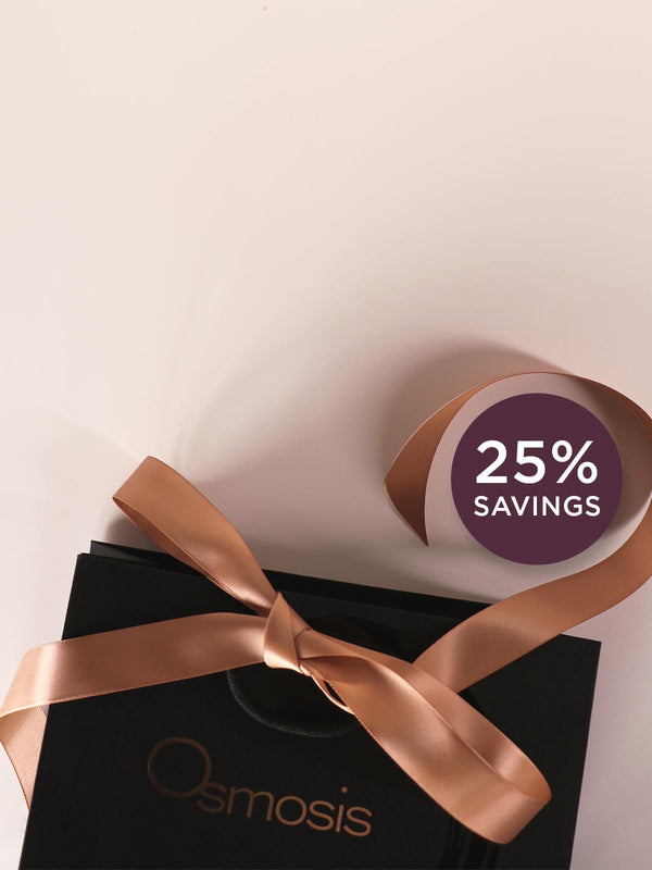 Black gift box with a gold ribbon and 'Osmosis' branding, featuring a 25% savings badge.