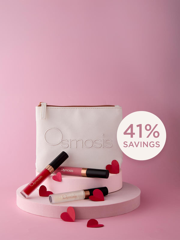 Osmosis Lip Glosses on a pink background with a white pouch and a discount savings call out.