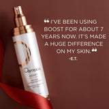 Osmosis Boost skincare product with a testimonial on a brown background