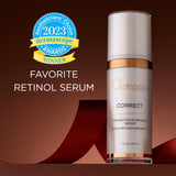 Osmosis Correct serum bottle with 2023 Dermascope Aesthetician's Choice Awards Winner badge on a brown background