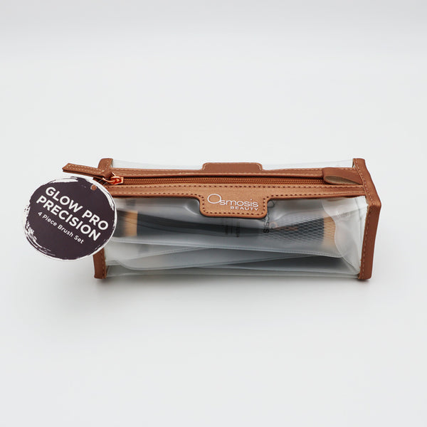 Cosmetic brush set in a brown case with 'Osmosis Beauty' branding on a white background.