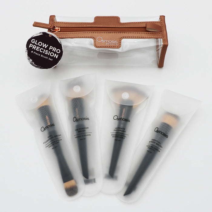 Set of makeup brushes with a clear pouch and 'Osmosis Beauty' branding on a white background.