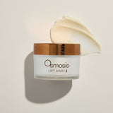 Osmosis Lift Away skincare product with a wooden lid on a light background