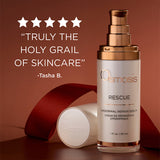 Osmosis Rescue serum bottle with gold cap on a brown background, featuring a five-star rating quote.