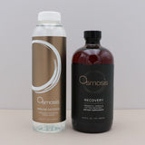 Two Osmosis products, one clear bottle and one dark bottle with a black cap, on a light surface.